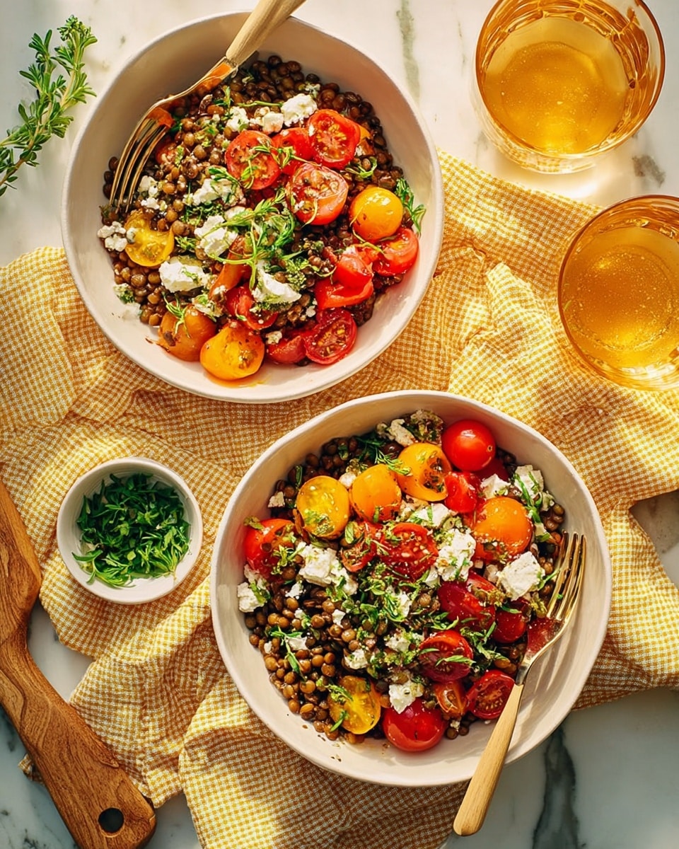 Two beige bowls filled with a colorful lentil salad sit on a yellow and white checkered cloth over a white marbled surface. Each bowl contains three layers: a base layer of cooked brown lentils, a middle layer of roasted vegetables including orange sweet potatoes, red and yellow cherry tomatoes, and green herbs scattered throughout, and a top layer of crumbled white cheese. Fresh green mint leaves are placed on top, adding pops of color. One bowl has a golden fork resting on the side, and a golden glass of drink is partially visible above the bowls. Below, a small white bowl with chopped herbs and a small clear container with orange seasoning are on the cloth. Photo taken with an iphone --ar 4:5 --v 7