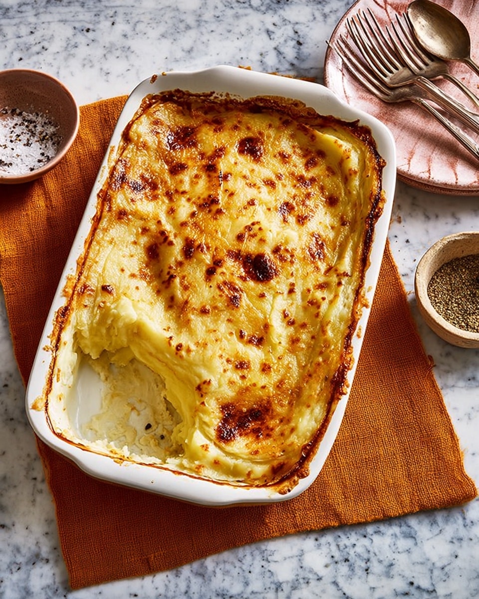 A rectangular white baking dish holds a golden brown cheesy potato gratin with a crispy top layer full of browned spots and melted cheese. One corner of the dish has a portion scooped out, revealing the soft, creamy layers of thinly sliced pale yellow potatoes beneath the crust. The dish rests on an orange cloth napkin set against a white marbled textured surface. To the side, there is a small white bowl with herbs or seasoning mix and stacked white plates with orange napkins and silver forks on top. photo taken with an iphone --ar 4:5 --v 7