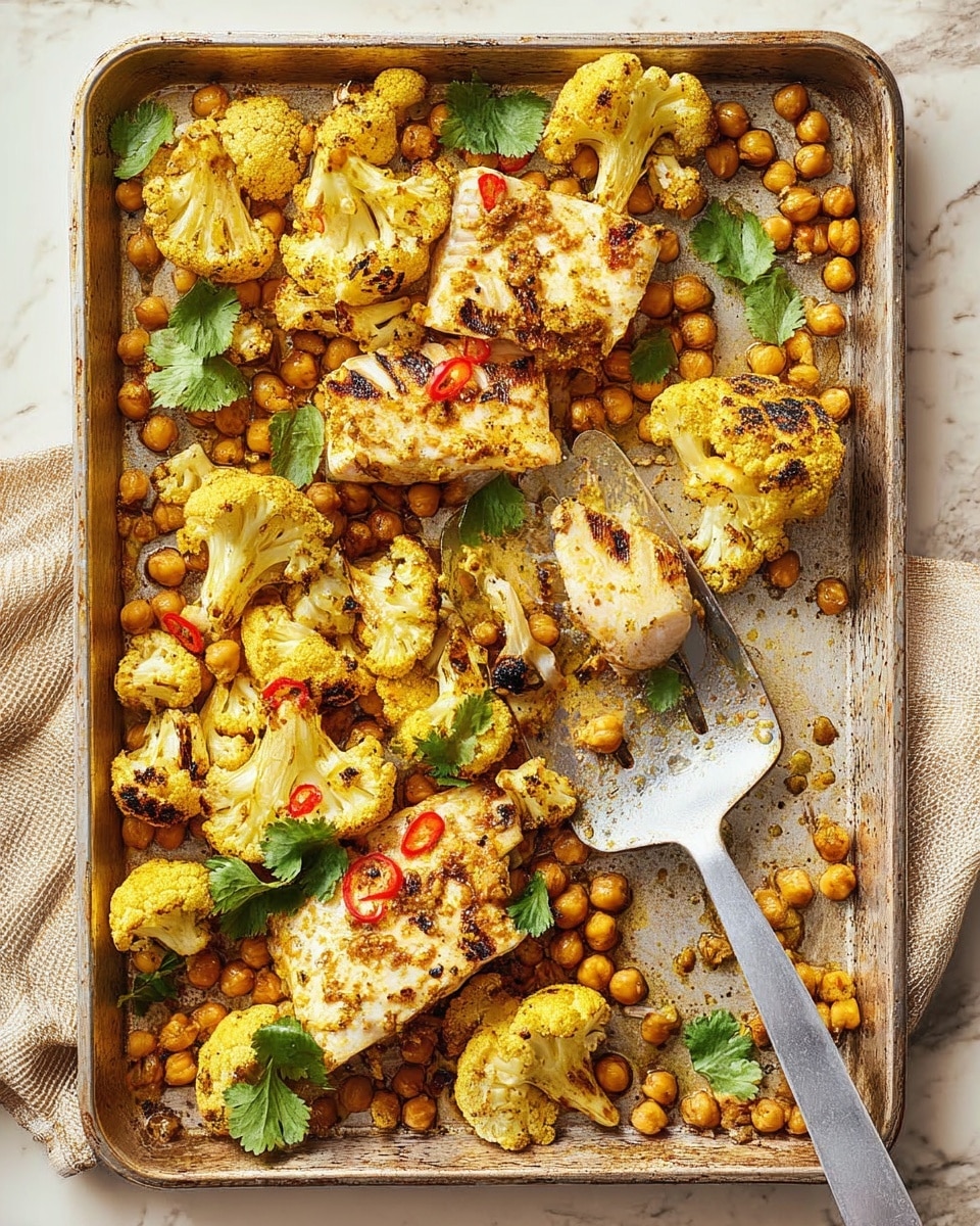 A silver tray holds a colorful roasted dish with three large, golden-brown pieces of fish seasoned with light spices, layered on a bed of orange-yellow roasted cauliflower florets that have dark char marks, and surrounded by small, round brown chickpeas. Bright red chili slices are scattered throughout, adding pops of vibrant red, while fresh green cilantro leaves are placed on top and around the dish. A silver spatula rests on the right side of the tray, with some chickpeas and cauliflower around it. The tray sits on a beige textured cloth, all set against a white marbled surface. Photo taken with an iphone --ar 4:5 --v 7