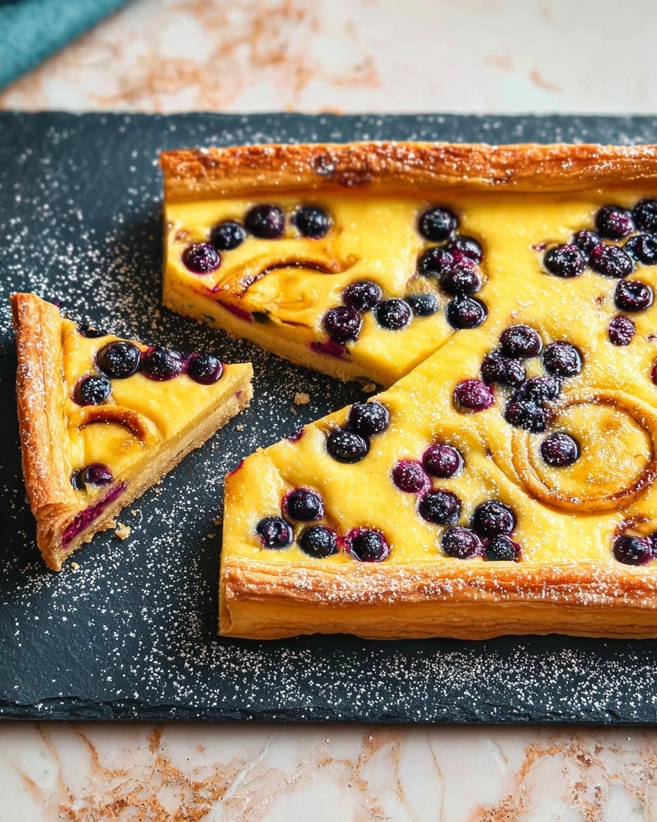 A rectangular tart is shown on a black slate board with two square slices cut from the lower left corner. The tart has a golden-brown flaky crust forming a thick outer edge. Inside, there is a creamy yellow custard layer spread evenly with a smooth texture, topped with scattered small round dark blueberries that have released a few dark purple spots on the surface. The tart is lightly dusted with powdered sugar, adding a subtle white touch on top. The background is a white marbled textured surface with some crumbs around the slate board. Photo taken with an iphone --ar 4:5 --v 7