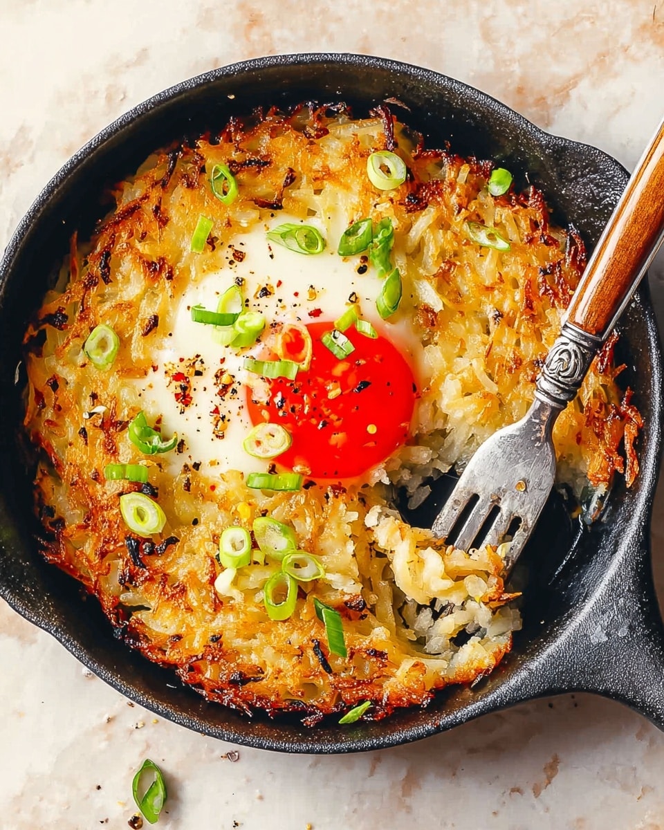 A black skillet holds a cooked dish with a crispy, golden brown shredded potato base, forming the bottom layer, topped with a sunny-side-up egg in the center showing a bright red yolk surrounded by white egg whites. Scattered on top are fresh green slices of spring onion and small red pepper flakes, adding color and texture. A silver fork with a wooden handle rests on the right side of the skillet, with some of the potato bites on its prongs. The background is a white marbled texture. photo taken with an iphone --ar 4:5 --v 7