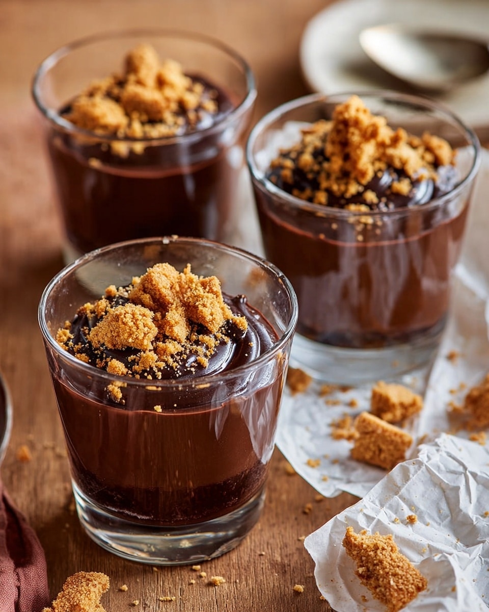 The image shows three clear glass cups filled with rich, dark chocolate mousse with a smooth and glossy texture. Each cup has a thick layer of chocolate mousse that forms soft peaks on top. The mousse is sprinkled with small, golden brown crunchy crumbs, scattered evenly across the surface. The glasses sit on a warm brown cloth with a soft texture, and next to them is crumpled white paper with a red pattern, holding more of the golden brown crumbs in small chunks. The background has a white marbled texture partly seen behind the setup. photo taken with an iphone --ar 4:5 --v 7