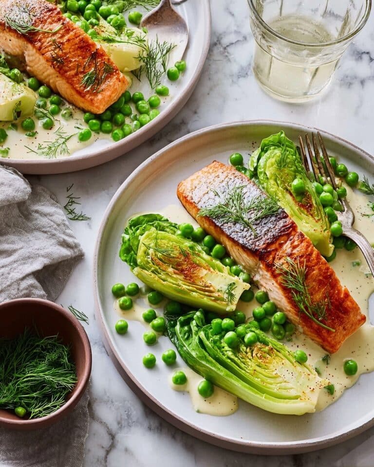 Pan-Fried Salmon with Braised Little Gem Lettuce and Peas Recipe