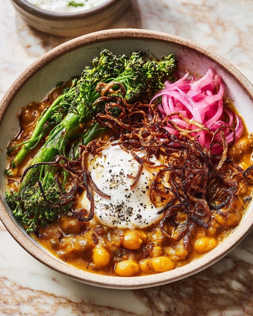 A bowl filled with a thick, orange stew containing round golden beans, topped in the middle with a dollop of white cream and a sprinkle of black pepper. On one side, there are bright green, charred broccolini stalks lying across the beans. Next to the broccolini, thin rings of vibrant purple pickled onions add color, accompanied by a small pile of crispy browned fried onions. The bowl sits on a white marbled surface, with a small white bowl containing more white cream nearby. photo taken with an iphone --ar 4:5 --v 7