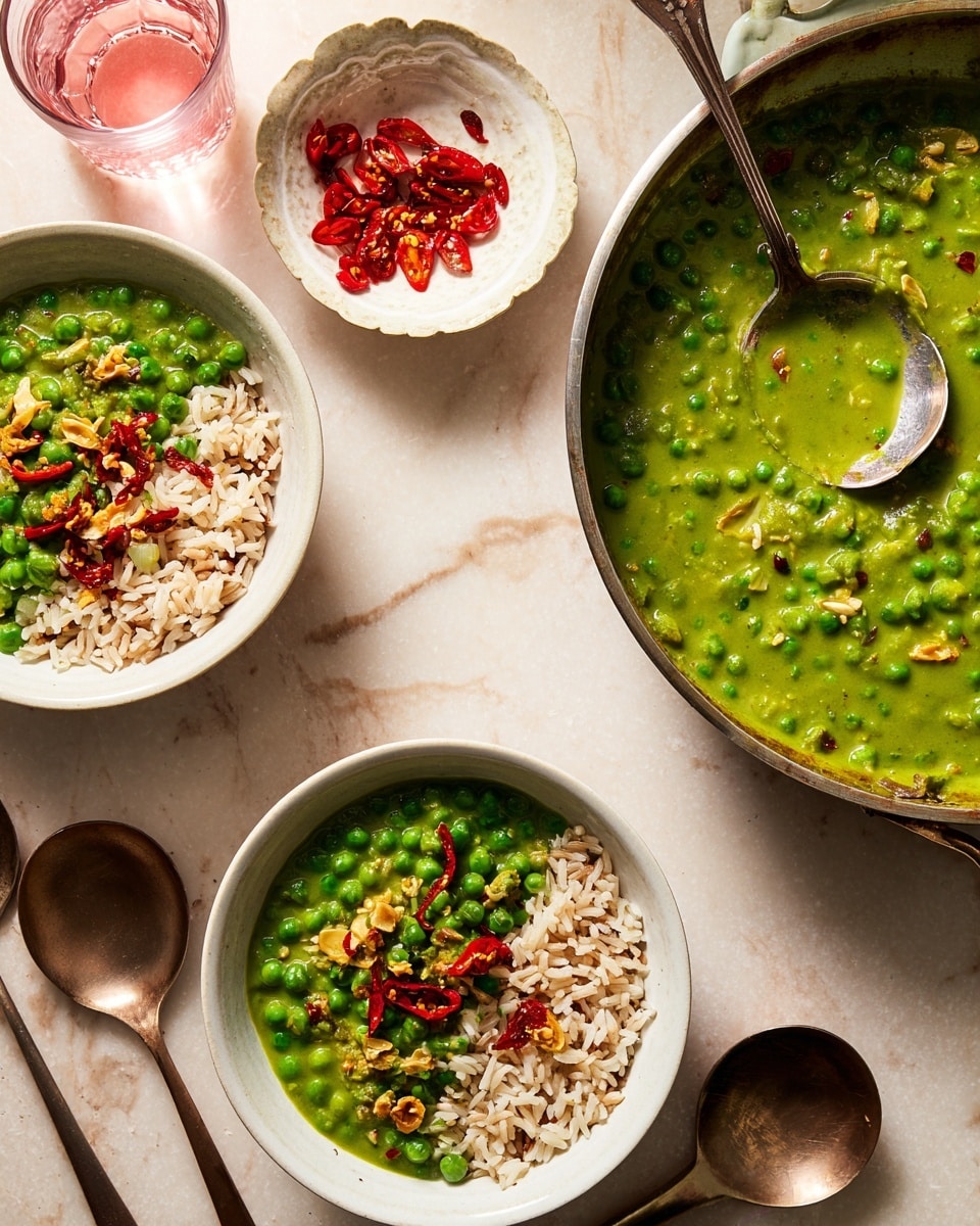 A top-down view of a meal showing two white bowls filled with layers of food; the bottom layer is white rice mixed with light brown grains, and the top is bright green creamy curry with peas, garnished with thin slices of golden brown garlic and small red chili pieces. To the top right, a white pan contains more of the same green curry with peas and garnishes, with a silver spoon resting in it. A small white flower-shaped dish on the left holds extra slices of golden brown garlic and red chilies in oil. Two bronze-colored spoons lie on the white marbled surface, and there are two pink-tinted glasses of water nearby. The scene is lit warmly with natural light. photo taken with an iphone --ar 4:5 --v 7
