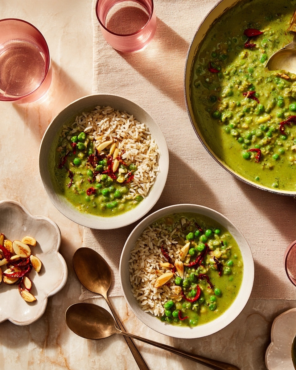 A close-up top view of a meal showing two white bowls each filled halfway with white and brown rice, topped with a thick, bright green curry containing peas and garnished with small slices of red chili and golden garlic chips. To the right, a large silver pan holds the same green curry with a spoon resting inside. Above the bowls and pan, a white fluted bowl contains red chili and garlic chips in oil, and a clear glass with tinted pink water is placed above the bowls. The scene is set on a white marbled surface, with two bronze spoons laid beside the bowls. Photo taken with an iphone --ar 4:5 --v 7