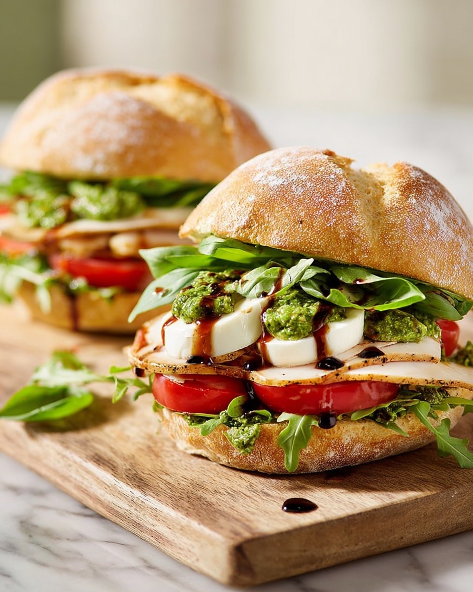 Two sandwiches sit on a wooden board over a white marbled texture. Each sandwich has five layers: the bottom layer is a soft, light golden brown bread roll with a dusting of flour; next is a layer of green arugula leaves peeking out; above that, two bright red thick tomato slices; then tender, pale grilled chicken pieces; on top of the chicken, a thick layer of white mozzarella cheese. Green pesto sauce is spread generously inside the sandwich and drips slightly over the sides, while dark balsamic glaze is drizzled over the cheese and pesto. The top bread roll covers the filling, slightly browned with a light dusting of flour. Photo taken with an iphone --ar 4:5 --v 7
