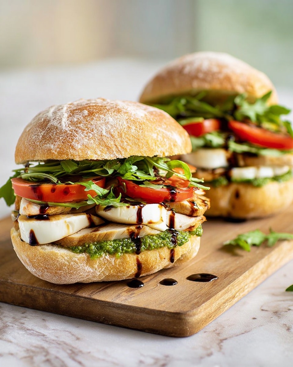 Two fresh sandwiches sit on a wooden board with a white marbled background. Each sandwich has a crusty light brown bun with a dusting of flour. The bottom layer is green arugula leaves, topped with thick red tomato slices. Above the tomatoes, there is a layer of light tan turkey breast, followed by dollops of bright green pesto sauce. The next layer is white slices of mozzarella cheese, drizzled with dark brown balsamic glaze and topped with fresh green basil leaves. The sandwiches look fresh, colorful, and juicy, with pesto sauce dripping slightly onto the board. Photo taken with an iphone --ar 4:5 --v 7