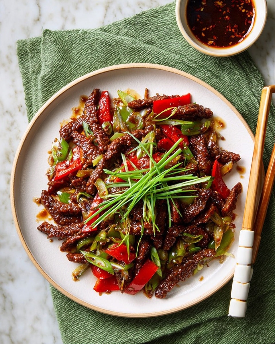 A white plate holds a stir-fried dish made of dark brown strips of meat mixed with bright red bell pepper pieces and light green chopped scallions. On top of the dish, there is a small pile of thin green chive stalks arranged in the center. The sauce glistens over the meat and vegetables, dripping slightly on the plate edges. The plate rests on a green cloth napkin set on a white marbled surface. To the right side of the plate, a pair of wooden chopsticks with white tips lie parallel to each other. Behind the plate, there is a small round white bowl filled with dark brown sauce, partly visible. photo taken with an iphone --ar 4:5 --v 7