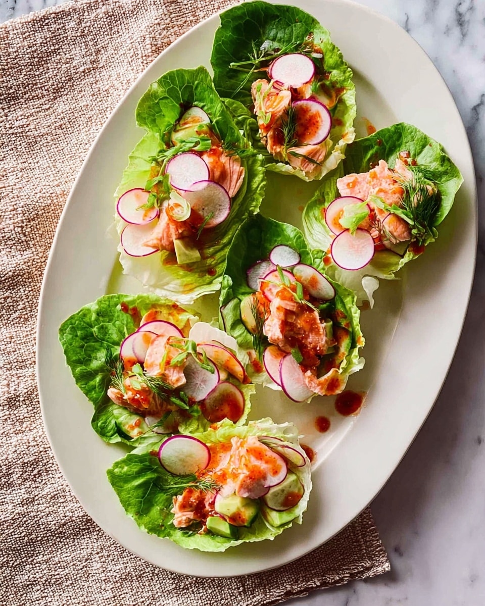 A white oval plate holds five lettuce wraps, each made with bright green leafy lettuce as the base. Inside each wrap, there are layers of pink salmon pieces topped with thinly sliced white radish and thin rounds of purple-edged radish. The wraps are drizzled with a reddish sauce and sprinkled with small green herb bits. The plate sits on a beige napkin with frayed edges on a white marbled surface. photo taken with an iphone --ar 4:5 --v 7