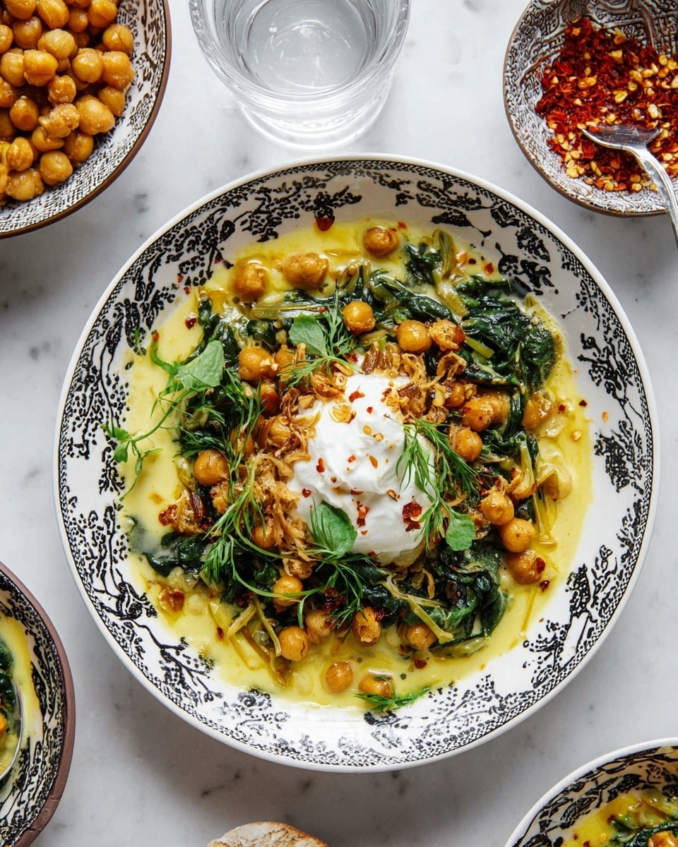 The dish is presented in a white bowl with a black decorative rim, filled with a yellow creamy base with a slightly thick texture. On top, there are green leafy vegetables spread unevenly around the bowl, creating a fresh contrast. The center holds a dollop of white creamy yogurt, crowned by a handful of golden-brown chickpeas that look glossy and cooked, scattered with some small chili flakes and thinly sliced crispy garnish. The bowl rests on a white marbled surface, surrounded by a glass of water, a small bowl of chickpeas, and a jar with red flakes visible. photo taken with an iphone --ar 4:5 --v 7