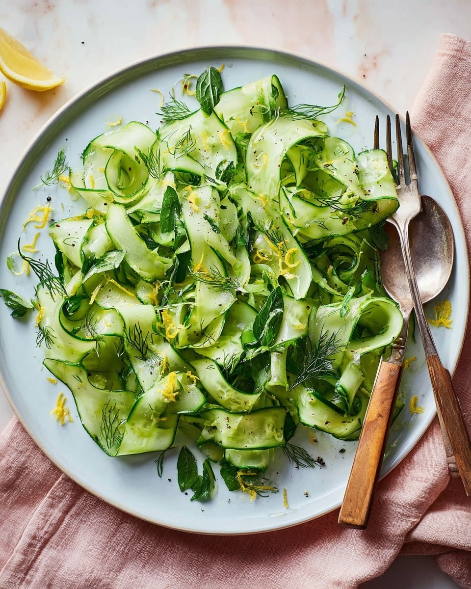 A white oval plate on a white marbled surface holds a fresh green salad made of thin, wide cucumber ribbons folded loosely across the plate. Bright green herbs, likely dill and parsley, are scattered generously on top, adding texture and depth. Thin yellow lemon zest curls are sprinkled lightly throughout the dish, adding small pops of color. A fork and spoon, both with wooden handles, rest on the right side of the plate next to a soft pink cloth. photo taken with an iphone --ar 4:5 --v 7