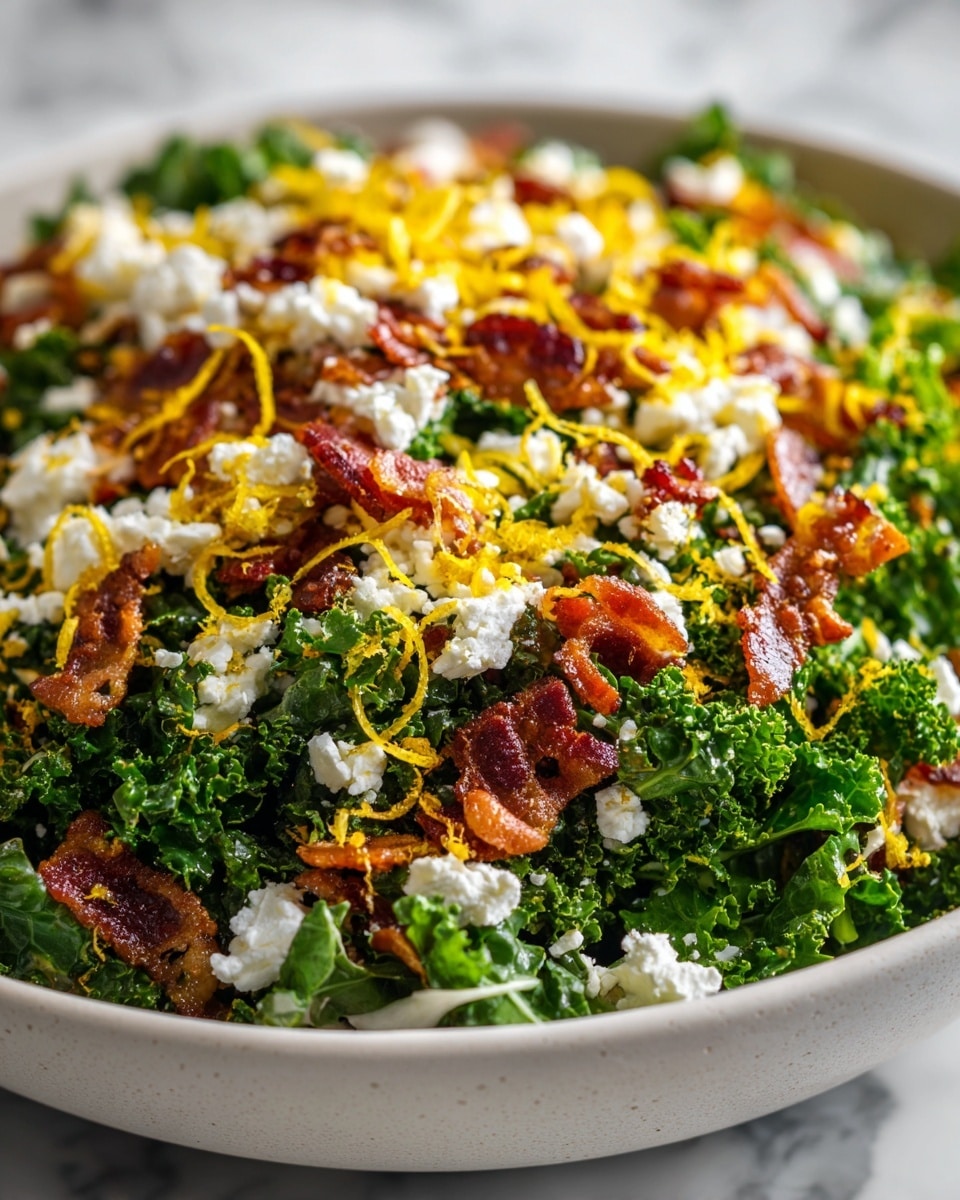 The image shows a close-up of a colorful dish with multiple layers. The bottom layer appears to be green broccoli or leafy vegetables with a rough texture. On top of the greens are small chunks of white cheese that look soft and crumbly. Scattered over the cheese are crispy, reddish-brown pieces that look like cooked bacon, adding a crunchy texture. There are also thin strands of bright yellow zest spread across the dish for a fresh touch. The dish is presented on a white plate, placed on a white marbled surface. Photo taken with an iphone --ar 4:5 --v 7