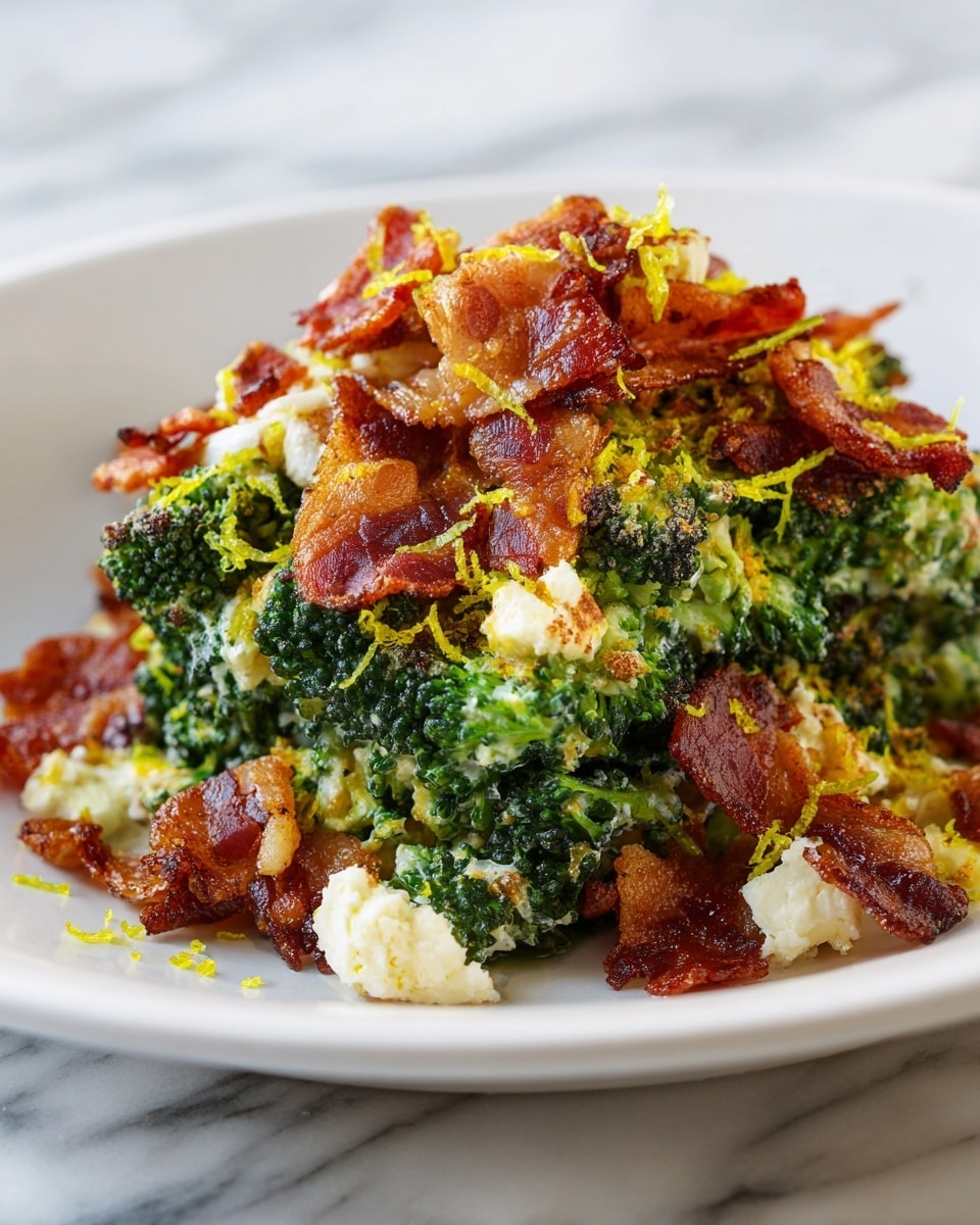 The dish is a close-up view of a colorful salad with multiple layers. The base consists of vibrant green kale leaves with a slightly rough texture. This is topped with crumbles of white cheese that have a soft and crumbly look. Scattered throughout are crispy golden-brown bacon pieces adding a crunch. Thin golden lemon zest strands are spread on top, giving a bright contrast. The background is a white marbled surface. Photo taken with an iphone --ar 4:5 --v 7