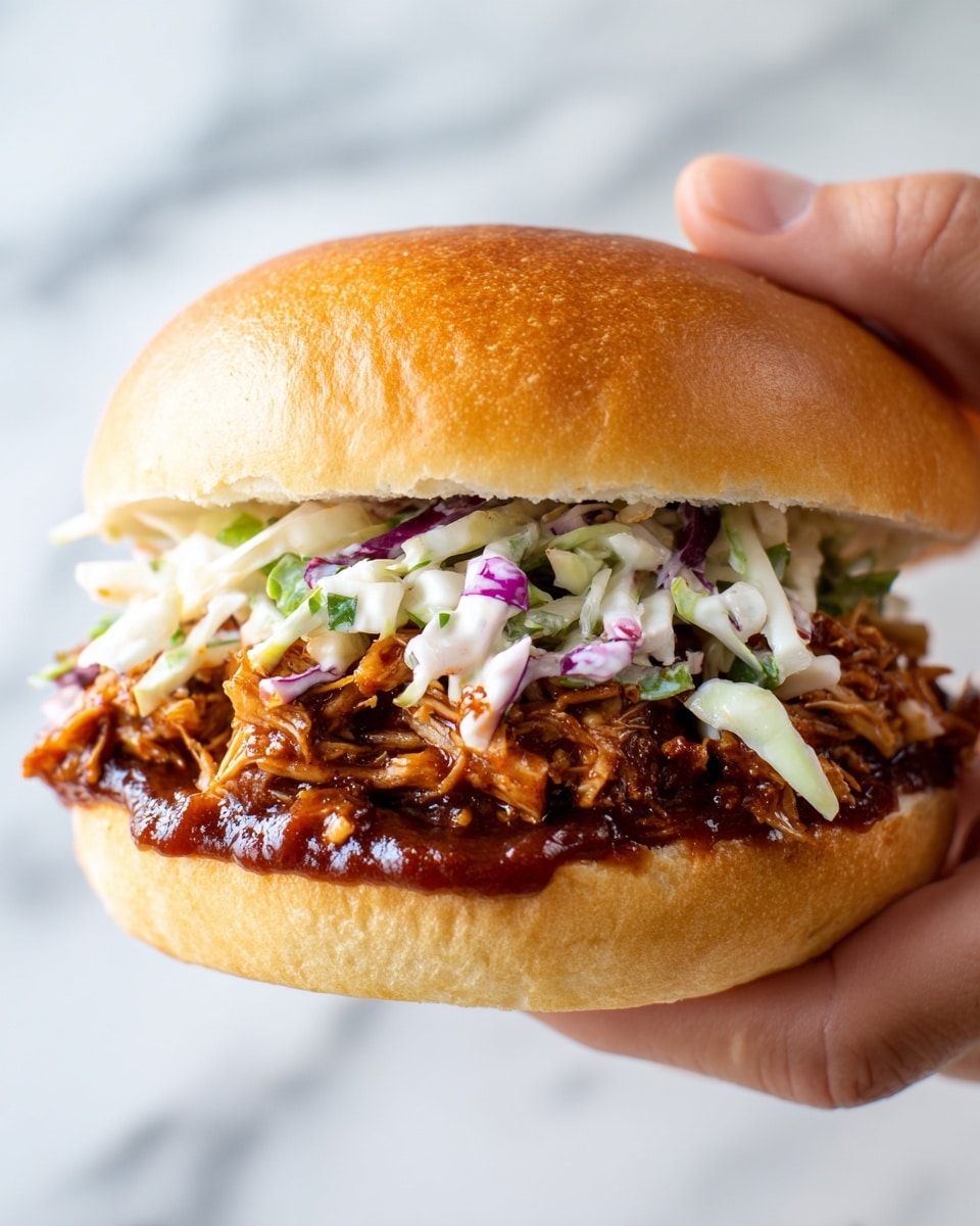 A close-up view of a sandwich held by a person's two hands, showing a soft, golden-brown sandwich bun on top and bottom. Inside, there are two main layers: shredded, saucy barbecue pulled meat in a rich brown color with a glossy texture on the bottom, and fresh coleslaw with thin, crisp white and purple cabbage strands mixed with creamy mayonnaise on top of the meat. The sandwich is held above a white plate on a white marbled surface. The photo taken with an iphone --ar 4:5 --v 7