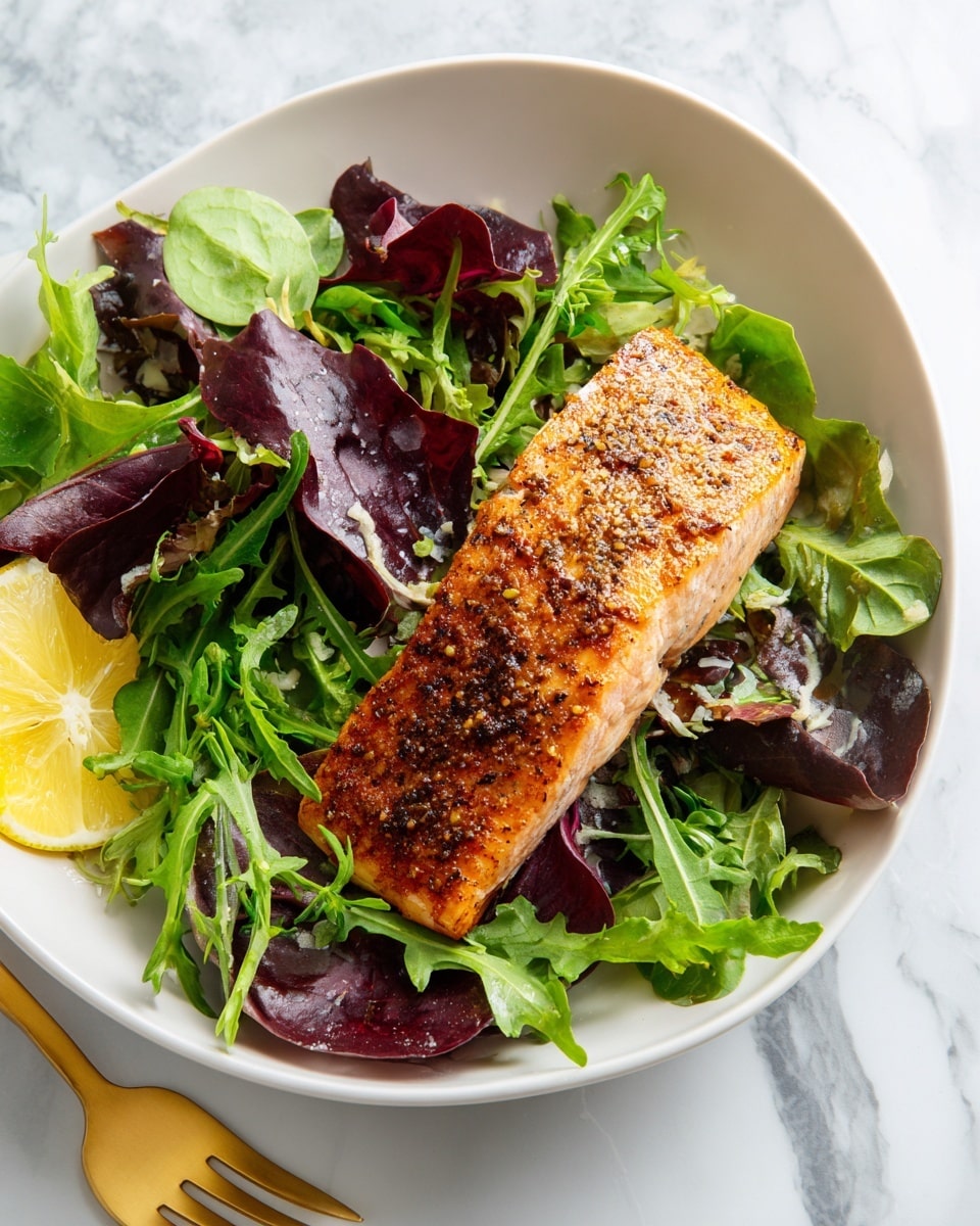 A white bowl on a white marbled texture holds a fresh salad with dark and light green leafy mixed greens. On top of the salad is a thick piece of cooked salmon with a golden, slightly crispy surface, showing a few sesame seeds sprinkled on it. A small lemon wedge peeks out from under the salmon near the top left. To the right side of the bowl, a gold fork is placed. Photo taken with an iphone --ar 4:5 --v 7