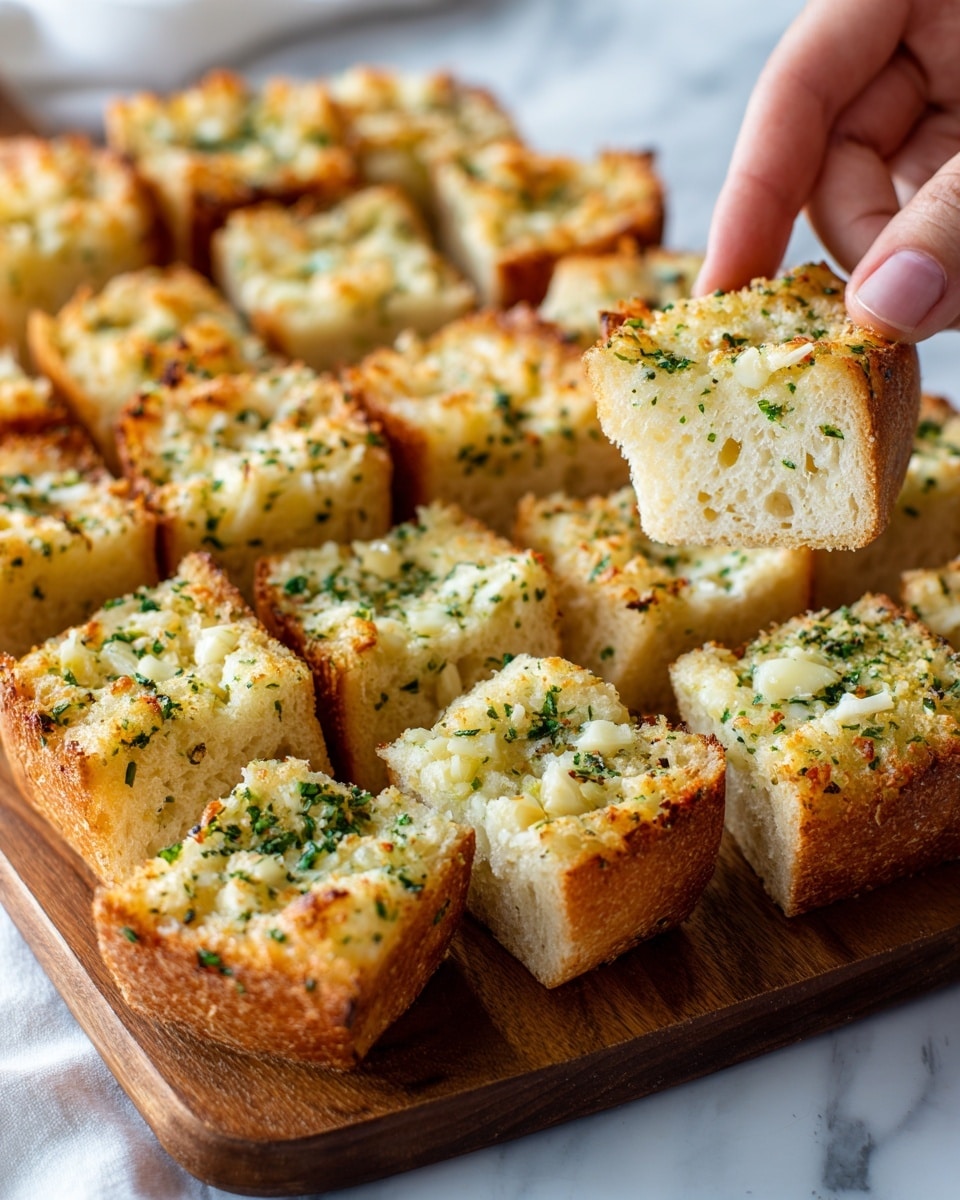 A wooden board holds several slices of garlic bread arranged neatly in two rows. Each garlic bread slice has a crispy golden-brown crust on top with visible green herbs and a grainy textured layer of melted butter and garlic bits. The bread beneath looks soft and white, showing a fluffy texture. In the lower right corner, a woman's hand is picking up one slice, adding a sense of interaction to the image. The background is a white marbled texture. photo taken with an iphone --ar 4:5 --v 7