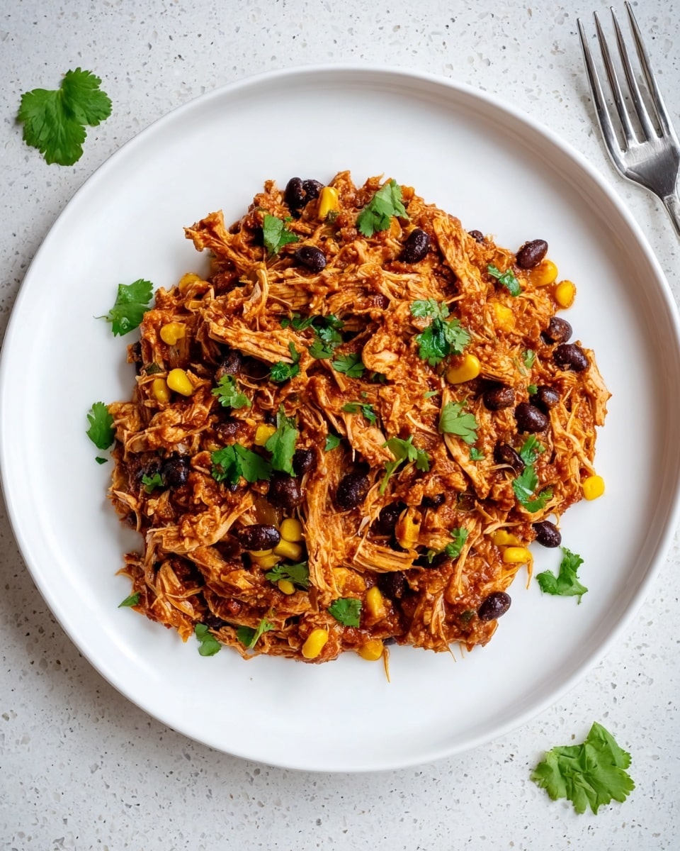 The dish is served on a large white plate with a speckled design, placed on a white marbled textured surface. It consists of one main layer of shredded chicken mixed with black beans and yellow corn, all coated in a rich, reddish-brown sauce. Fresh green cilantro leaves are scattered on top, adding a bright contrast to the warm tones of the chicken mixture. A silver fork lies nearby on the right side of the plate. photo taken with an iphone --ar 4:5 --v 7