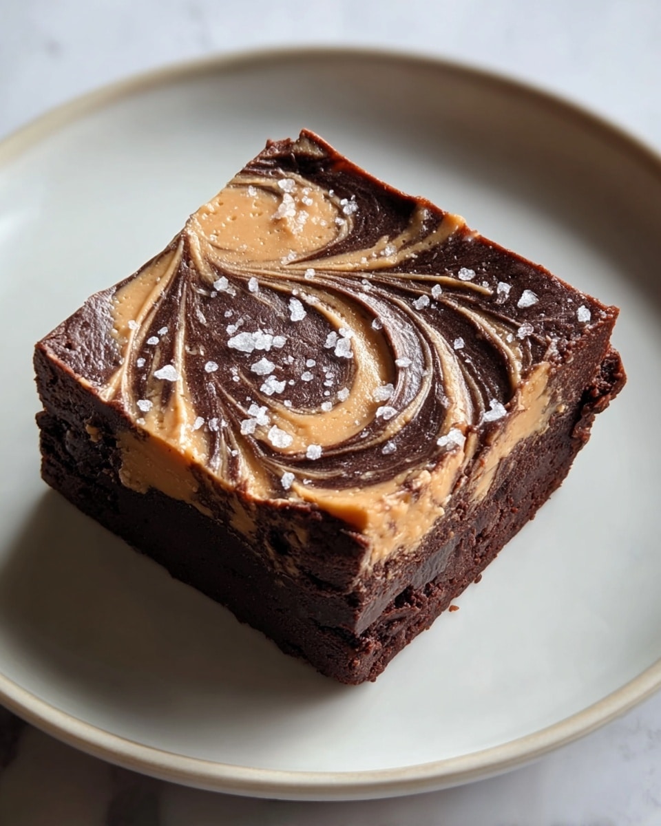 A single square piece of dense chocolate brownie sits on a white plate with a smooth, swirling top layer of dark chocolate and peanut butter mixture creating a marbled effect in rich dark brown and light tan colors. Tiny salt crystals are scattered lightly over the top, enhancing the texture. The edges are slightly rough with chocolate folding over the sides, giving it a handmade look. The plate rests on a white marbled surface, and the photo is taken close-up showing the detailed texture of the brownie and topping. photo taken with an iphone --ar 4:5 --v 7