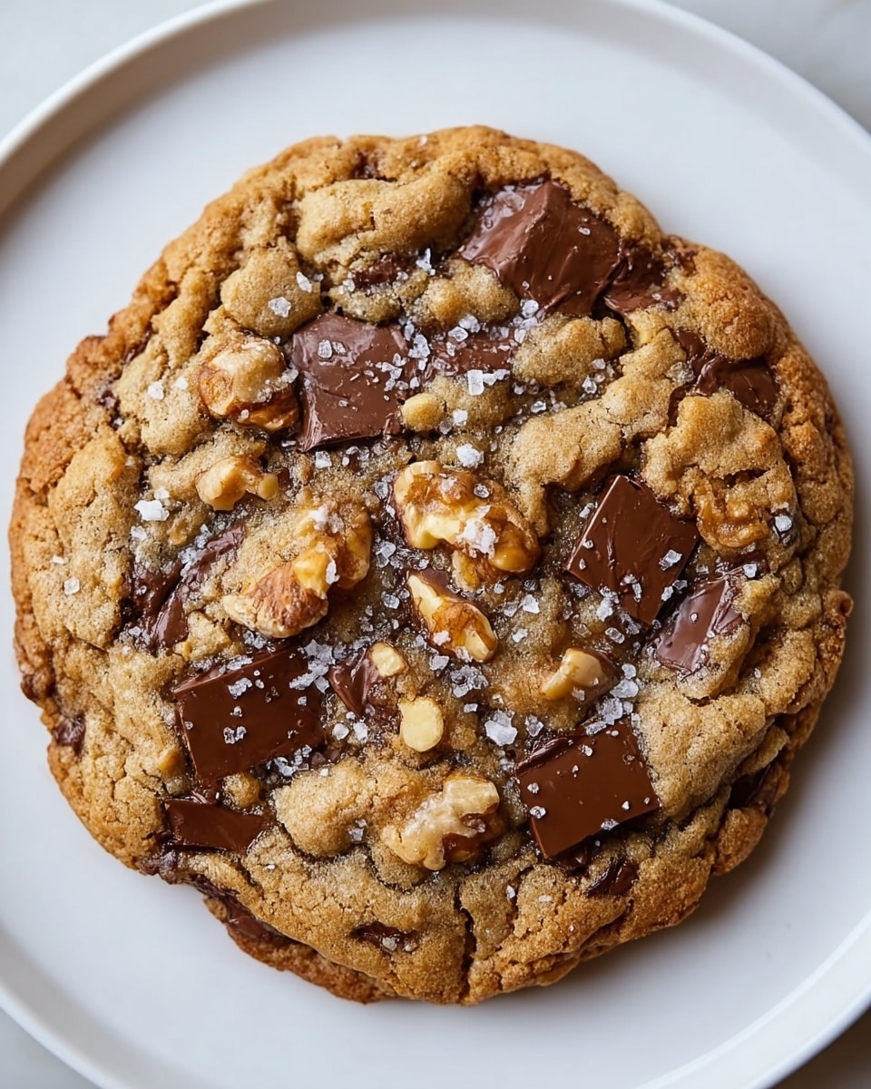 A large, round cookie with a golden brown color sits on a white plate. It has visible chunks of melted dark chocolate and chopped nuts scattered throughout the cookie, creating a rough and textured surface. The top is sprinkled with light, flaky salt crystals that add a shiny contrast to the soft cookie dough. The edges of the cookie are slightly darker and crispy, showing a chewy center with gooey spots of melted chocolate. The background is a white marbled texture. photo taken with an iphone --ar 4:5 --v 7