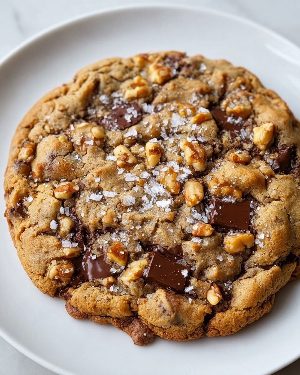 A single large cookie sits centered on a white plate over a white marbled texture. The cookie has a golden brown, slightly cracked surface studded with melted dark chocolate chunks and pieces of walnuts. Small flakes of sea salt are sprinkled on top, adding texture and shine to the irregular, rough surface. The cookie looks thick and chewy, with rich chocolate oozing from deeper layers within. Photo taken with an iphone --ar 4:5 --v 7