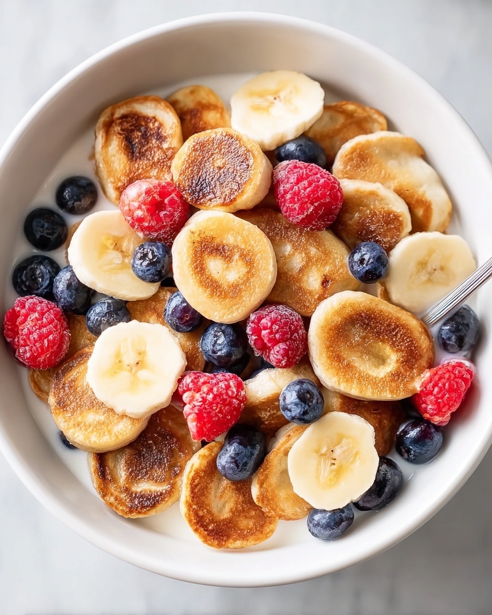 A white bowl filled with a base layer of small, round, golden-brown mini pancakes, each showing a slightly crispy texture with darker brown spots on top; scattered lightly among the pancakes are fresh blueberries, bright red raspberries, and slices of pale yellow banana, adding pops of color and softness. The fruit sits naturally on and between the pancakes, creating a mix of colors and shapes in the bowl, all resting on a white marbled surface. Photo taken with an iphone --ar 4:5 --v 7
