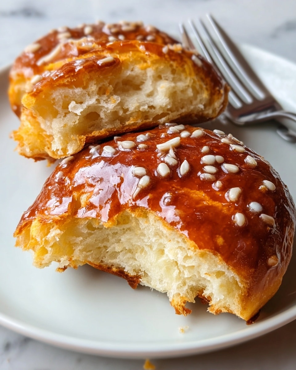A shiny, golden-brown bun with a glossy, slightly cracked surface covered in small white sugar chunks sits broken in half on a white plate, showing a soft, light beige interior with a creamy, pale yellow filling inside. Small crumbs are scattered around the plate, and a fork with a silver handle rests in the background, all placed on a white marbled texture. photo taken with an iphone --ar 4:5 --v 7