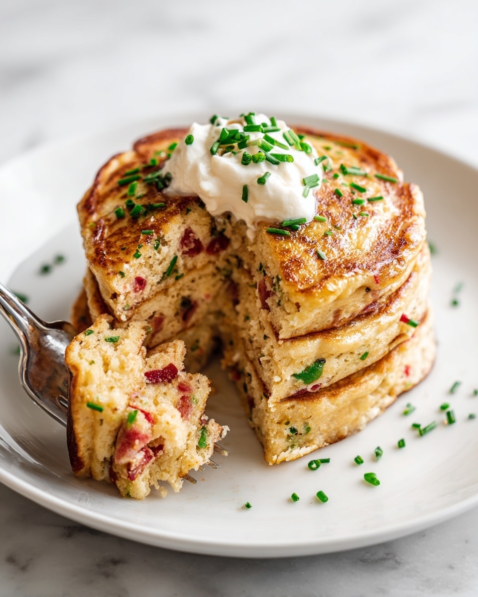 A white plate holds a stack of three thick, golden-brown pancakes mixed with small red and green pieces, showing a soft, fluffy texture inside. The top pancake is broken with a small bite taken out, revealing the light, moist inside with red and green bits. The middle one has a dollop of white cream on top, garnished with fresh green chives, which are also scattered on and around the stack. A silver fork touches the left side of the pancakes, lifting slightly. The plate sits on a white marbled surface. Photo taken with an iphone --ar 4:5 --v 7