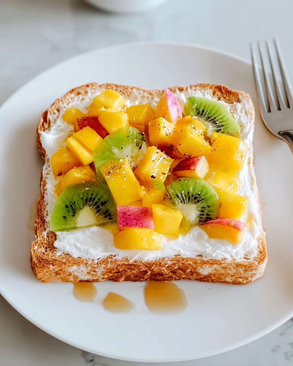 A piece of toasted bread with a golden brown crust sits on a white plate with a white marbled texture underneath. The toast is spread evenly with a thick layer of white cream. On top of the cream, there are colorful chunks of yellow mango, green kiwi slices with black seeds, and small pieces of peach. Some light syrup is lightly drizzled over the fruit, adding a shiny look. The fruit is piled to fully cover the cream, creating a fresh and vibrant mix of colors and textures. photo taken with an iphone --ar 4:5 --v 7
