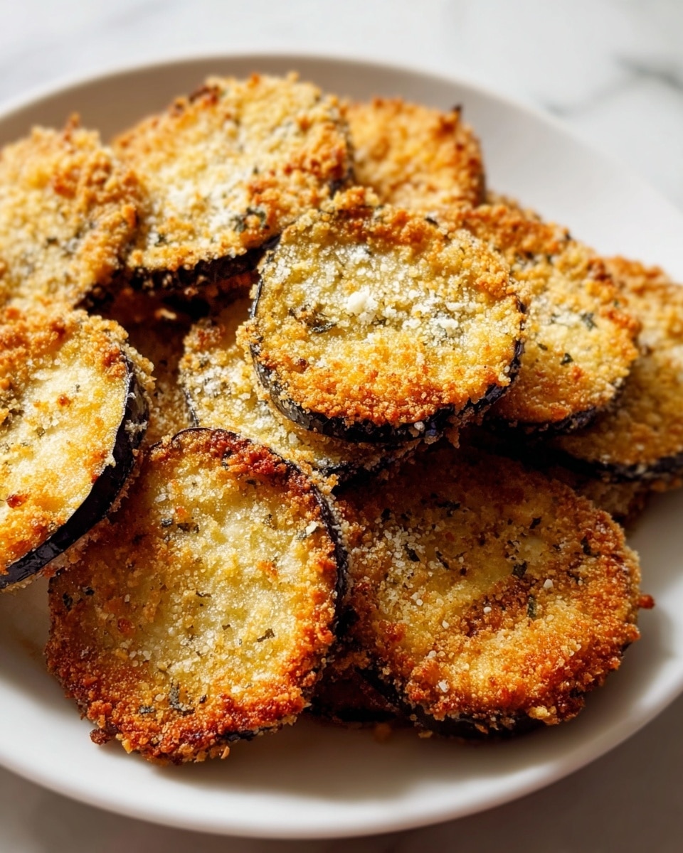 A stack of golden brown, round, breaded and fried eggplant slices sits in the center of a white plate. Each slice has a crispy, textured coating with specks of green herbs and grated cheese on top, and the edges are a darker, crunchy brown. The layers overlap in a casual pile, showing some of the purple eggplant skin around the edges, creating a contrast with the golden crust. The background is a white marbled texture. photo taken with an iphone --ar 4:5 --v 7