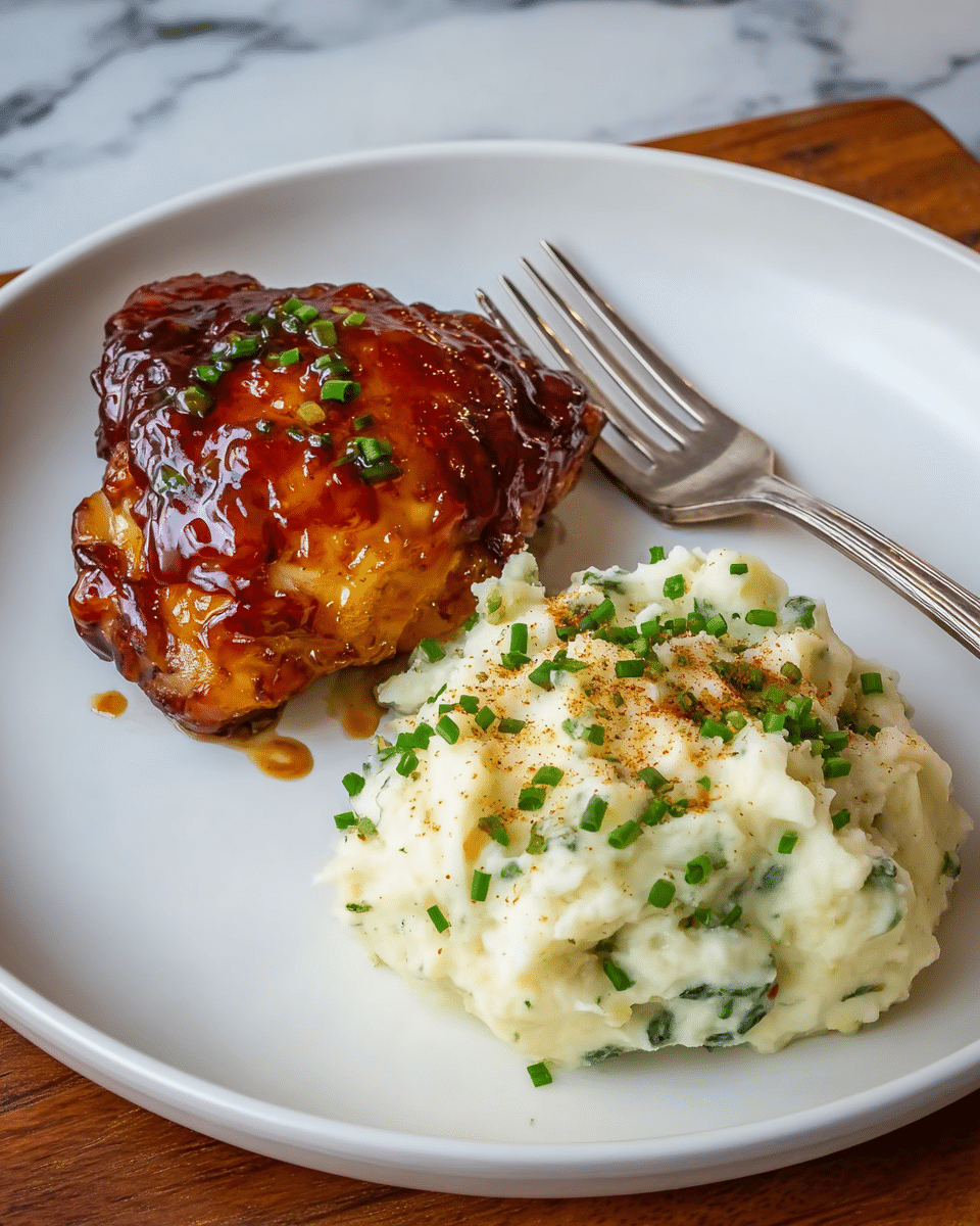 A white plate holds two main parts: on the left is a piece of grilled chicken with a shiny, dark red-brown glaze that looks sticky and flavorful, slightly dripping onto the plate; on the right is a generous scoop of creamy mashed potatoes with a light beige color, topped with finely chopped green herbs and a drizzle of light brown gravy, creating a soft, textured look. A silver fork rests on the upper right edge of the plate, and the plate sits on a white marbled surface. photo taken with an iphone --ar 4:5 --v 7