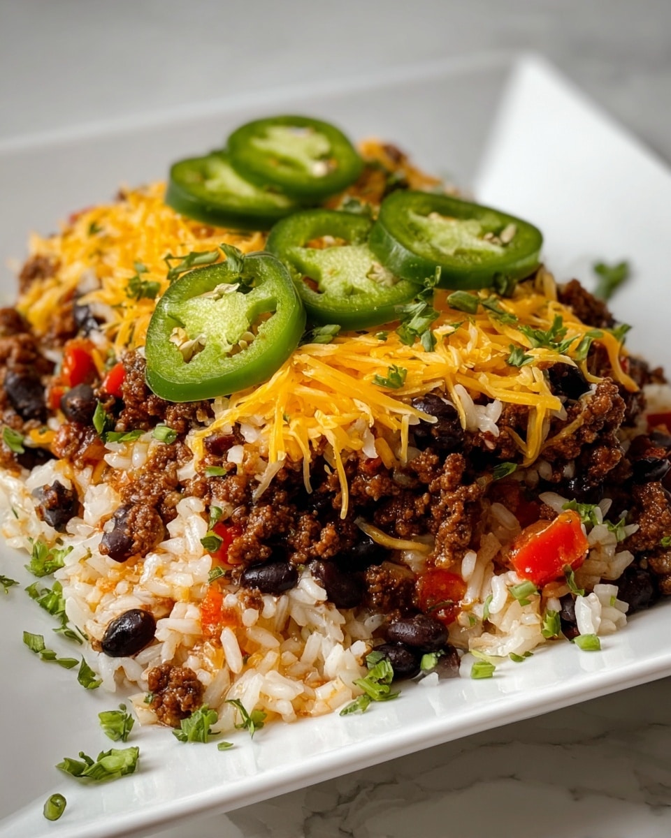 A dish is shown on a white square plate with a white marbled texture under it. The base layer is white rice mixed with black beans and small chopped red bell peppers, giving it black and bright red spots among the rice grains. On top of this, there is a layer of cooked ground beef, brown and crumbly, spread evenly over the rice. A generous amount of yellow shredded cheddar cheese is sprinkled over the beef, melting slightly into the warm layer beneath. The top layer has fresh green jalapeño slices arranged in a line across the dish, along with small pieces of chopped cilantro scattered for color. Photo taken with an iphone --ar 4:5 --v 7