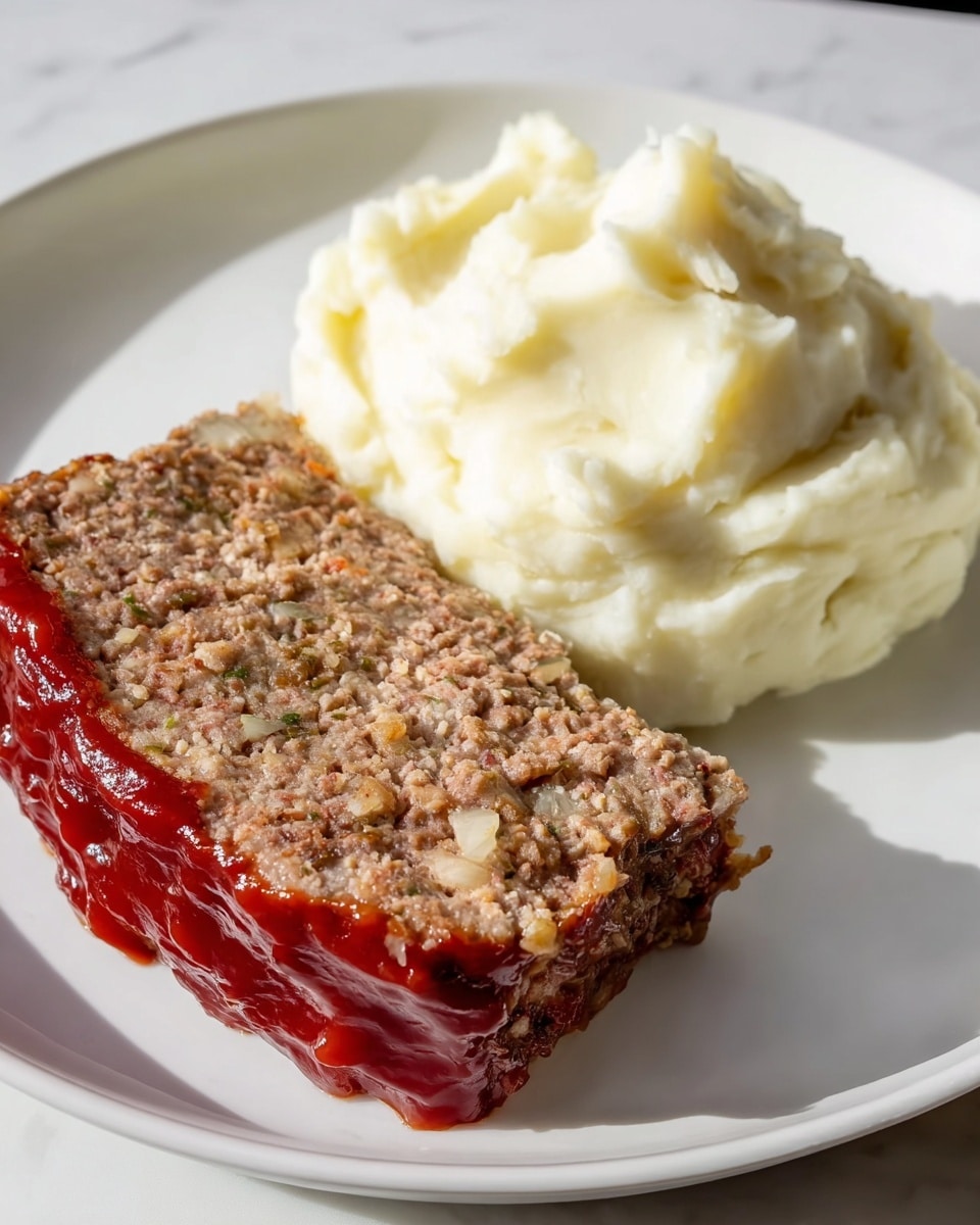 A thick slice of meatloaf is placed on the left side of a white plate, with a shiny red glaze spread evenly over the top. The meatloaf is textured, showing bits of rice and seasoning mixed inside, and has a brownish interior with some white and green pieces visible. On the right side of the plate, there is a large scoop of creamy mashed potatoes with a smooth, slightly lumpy texture and a light off-white color. The plate is set on a white marbled surface. photo taken with an iphone --ar 4:5 --v 7