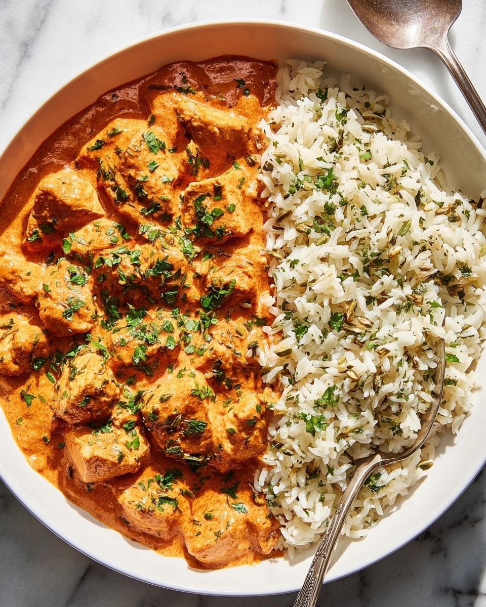 The image shows a white plate filled halfway with light brown rice mixed with green herbs and whole cardamom pods, creating a textured top layer on the right side. On the left side, there is a thick layer of creamy orange-red curry sauce with chunks of cooked chicken scattered throughout. The sauce is sprinkled with small green cilantro leaves, adding a fresh pop of color on top of the smooth, rich-looking sauce. The plate is placed on a white marbled surface with a metal spoon resting near the edge. photo taken with an iphone --ar 4:5 --v 7