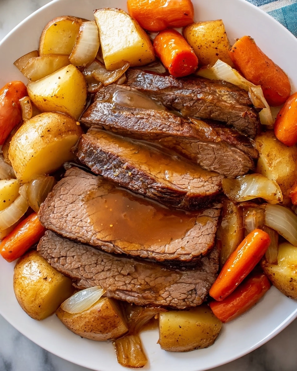 The image shows a white plate filled with a serving of pot roast surrounded by cooked vegetables. At the center, there are five thick slices of dark brown roast beef with a juicy, slightly shiny surface covered in rich brown gravy. Around the roast, there are several pieces of golden-brown roasted potatoes, light brown caramelized onion chunks, and bright orange whole baby carrots, all mixed and glazed with the same brown gravy. The plate rests on a white marbled surface. photo taken with an iphone --ar 4:5 --v 7