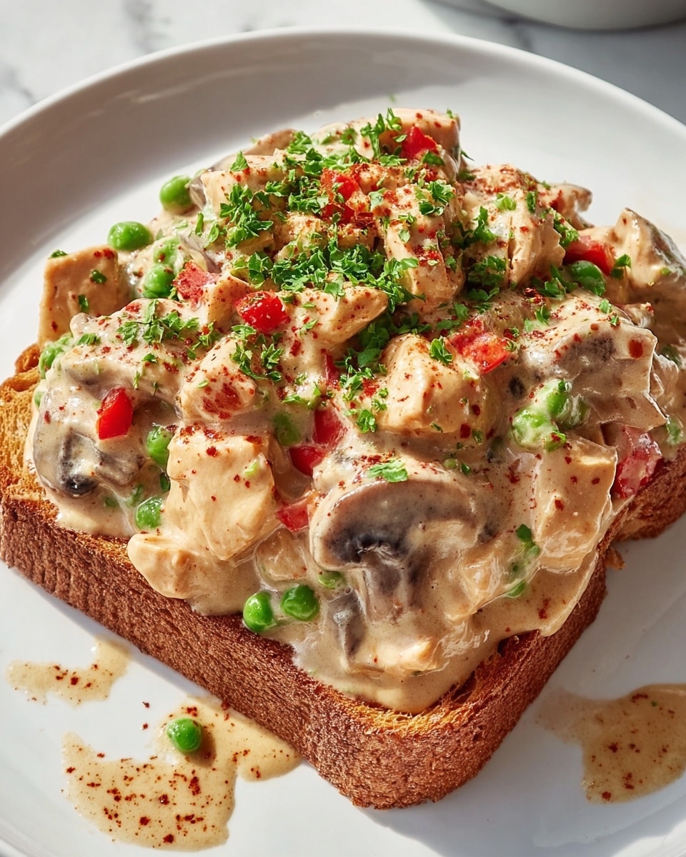 A slice of toasted brown bread sits at the base, thick and crispy with a golden brown color. On top is a creamy beige sauce mixed with chunks of light brown chicken, sliced dark brown mushrooms, small bright green peas, and diced red bell peppers. The creamy mixture spreads slightly over the edges of the toast onto a white plate with subtle speckled texture. The dish is finished with a sprinkle of finely chopped fresh green parsley and a light dusting of red paprika powder scattered on top. The whole scene rests on a white marbled surface. photo taken with an iphone --ar 4:5 --v 7