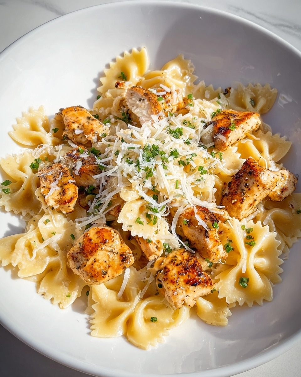 A white plate with a single layer of light yellow farfalle pasta forming the base, topped with a layer of golden-brown grilled chicken pieces scattered evenly across the pasta; the chicken has a slightly crispy texture with black grill marks. A creamy, pale-colored sauce coats parts of the chicken and pasta, creating a shiny appearance. On the top, shredded white cheese and small chopped green herbs are sprinkled, adding texture and color contrast. The dish is placed on a white marbled surface. photo taken with an iphone --ar 4:5 --v 7