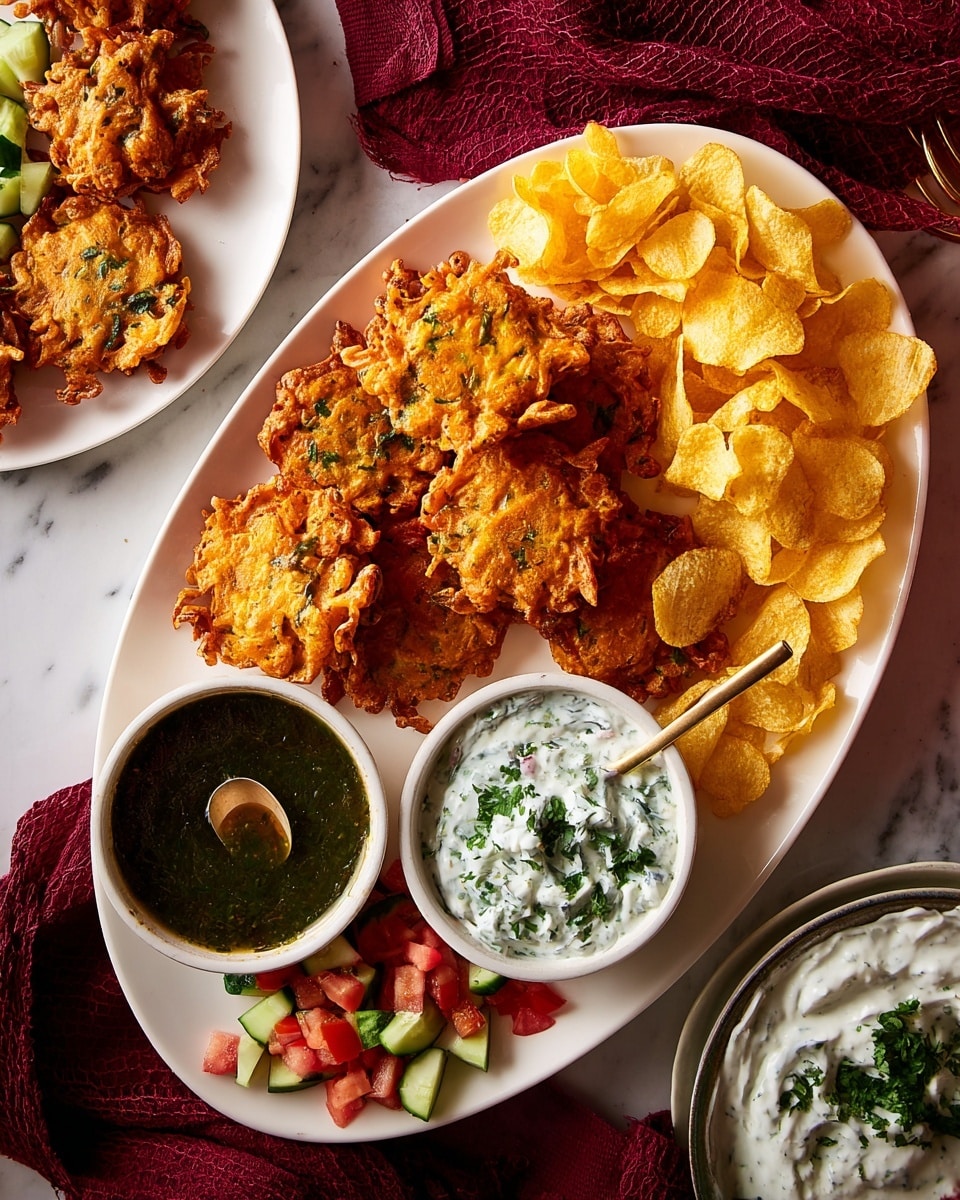 The image shows a large white plate filled with crispy orange-brown onion fritters arranged in a loose circle. There are three small white bowls placed inside the circle of fritters: one with bright green chutney with a small yellow spoon resting inside, one with creamy white raita topped with green herbs, and one with a colorful mix of diced red tomatoes, green cucumbers, red onions, and fresh green herbs. Around the outer edges of the plate, there are light yellow, thin, round chips scattered unevenly. The whole setup sits on a deep red cloth on a white marbled surface. Photo taken with an iphone --ar 4:5 --v 7
