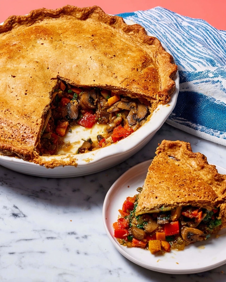 A large round pie with a golden-brown crust covers a white pie dish sitting on a white marbled surface. The crust is thick and flaky with caraway seeds visible on top. A wedge is missing from the pie, revealing a colorful filling with layers of red bell peppers, green spinach, brown mushrooms, and chunks of meat in a rich sauce. The missing slice is placed on a white plate nearby, showing its flaky crust and chunky filling. A blue-striped cloth napkin is beside the pie dish, and the background is a soft pink. photo taken with an iphone --ar 4:5 --v 7