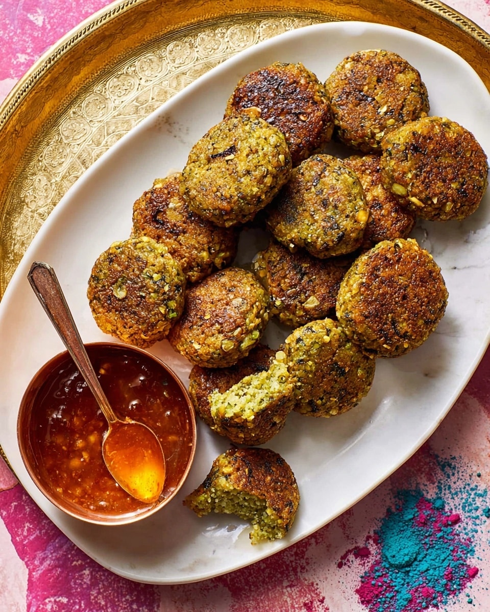A white oval plate with a pink dotted pattern holds about twelve small, round greenish-brown patties with visible bits of herbs and nuts, one patty is broken open showing a soft, greenish inside with white chunks. On the top right edge of the plate, there is a small copper bowl filled with a thick, shiny amber-colored jam or chutney, with a golden spoon inside it. The plate rests on a large round gold tray that sits on a white marbled surface with splashes of bright pink and yellow powder on the top left corner and blue at the bottom right. photo taken with an iphone --ar 4:5 --v 7