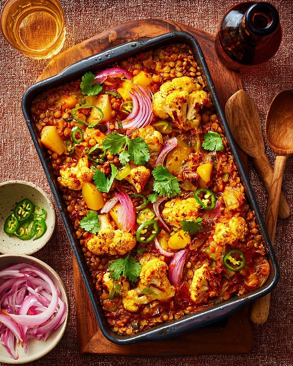The dish is shown in a dark baking tray filled with a layered mix. The bottom layer is a red lentil stew with a thick, soft texture, topped with pieces of roasted yellow cauliflower and light yellow potato chunks that have a slightly crispy surface. Scattered on top are slices of bright purple onion and green chili peppers, adding a fresh and sharp look. Bright green cilantro leaves are placed as garnish, giving extra color contrast. The tray is resting on a wooden board, with a spoon showing some of the lentil stew on the side. Around the tray, there is a small white bowl filled with more sliced red onions, and two glasses with amber liquid. The background is a warm brown, but should be visualized as a white marbled texture. photo taken with an iphone --ar 4:5 --v 7