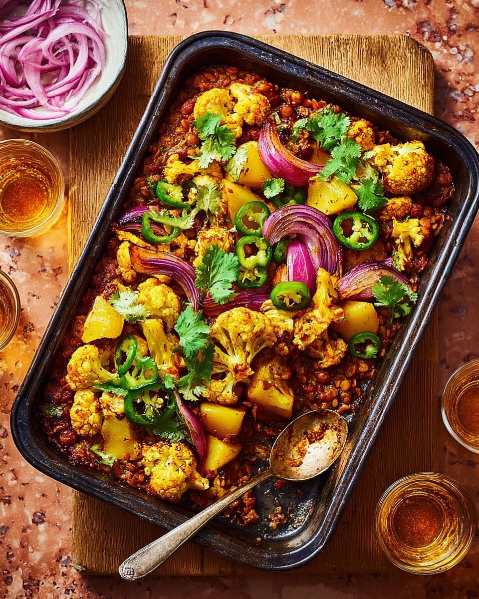 The dish is shown in a black rectangular baking pan filled with layers of food; the bottom layer looks like cooked lentils mixed with tomato sauce, which is a rich, warm red color with bits of orange and brown. On top of that are roasted cauliflower florets that are golden yellow with some brown char marks. Scattered among the cauliflower are pieces of yellow potatoes and sliced green chili peppers, adding green and yellow tones. Thin slices of pinkish-red onion are spread over the top along with fresh green cilantro leaves, creating bright pops of color. The pan is on a wooden board placed on a brown textured surface, with a wooden spoon to the side and a small white bowl holding more sliced onions nearby. A glass filled with a golden drink and a dark bottle are also visible. photo taken with an iphone --ar 4:5 --v 7