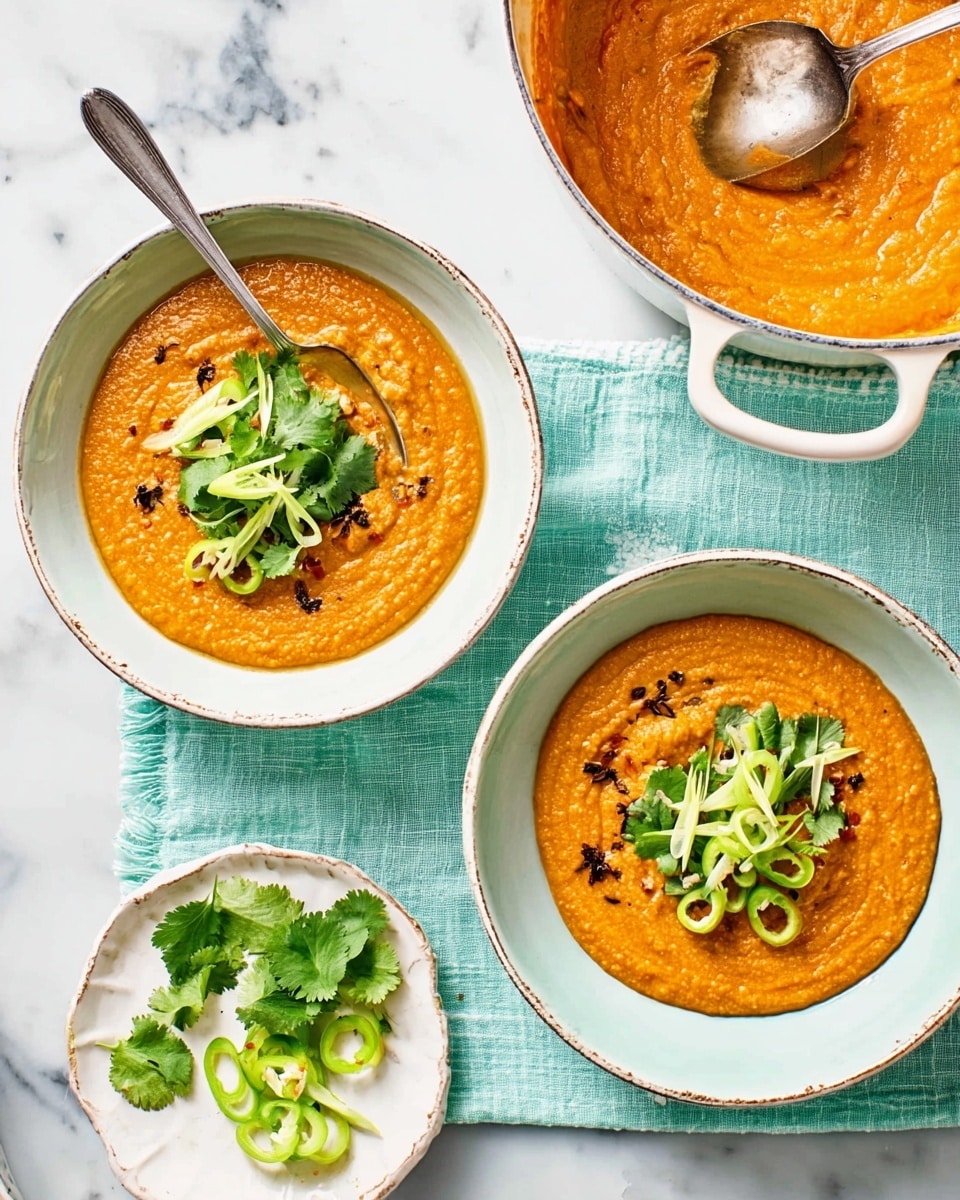 Two bowls filled with bright orange lentil dal have a smooth, creamy texture with some visible lentil bits. Each bowl is topped with fresh green cilantro leaves, thin light yellow ginger strips, sliced green chili peppers, and a few scattered dark brown cumin seeds. A spoon rests inside one of the bowls, which are pale green with a rustic edge. Nearby, a small white plate holds extra cilantro, ginger strips, and green chili slices. To the right, a white pot with turquoise handles contains more dal with a metal ladle. All items are placed on a white marbled surface. Photo taken with an iphone --ar 4:5 --v 7