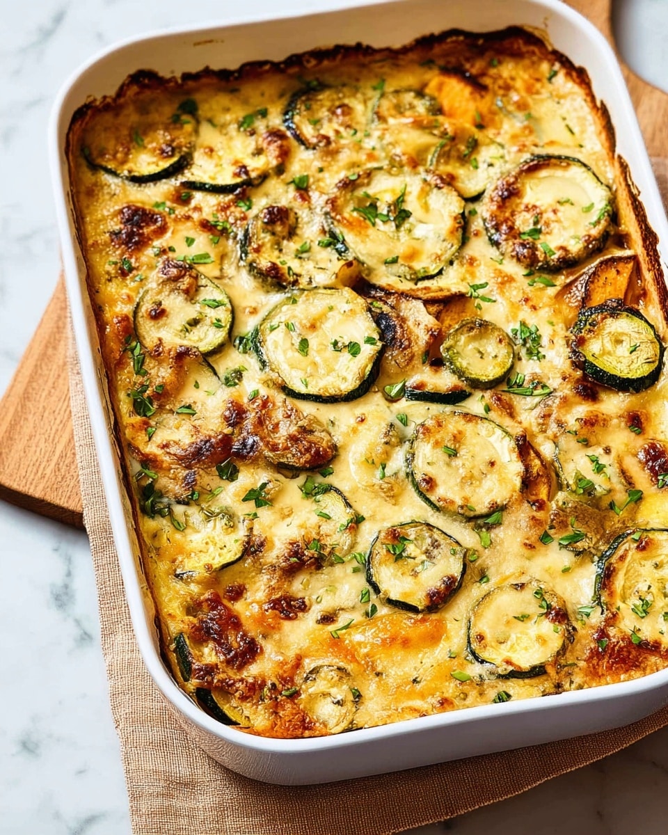 The image shows a baked dish in a white rectangular baking tray placed on a white marbled surface. The dish has multiple layers, starting with browned, slightly crispy edges and a melted golden cheese top sprinkled with small pieces of green herbs evenly spread throughout. Beneath the cheese layer, there are visible slices of round, grilled zucchini with dark edges, and patches of orange that suggest layered sweet potatoes or carrots. The surface of the dish looks creamy and slightly browned in parts from baking, with a thick, soft texture overall. photo taken with an iphone --ar 4:5 --v 7