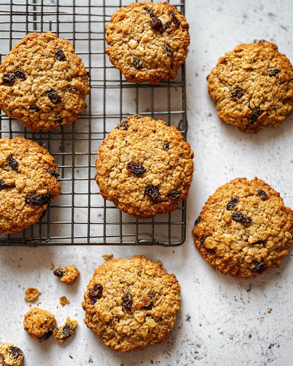 The image shows six golden-brown oatmeal raisin cookies with a rough, crumbly texture, some resting on a black cooling rack and others directly on a white marbled surface. The cookies are round but uneven, with raisins scattered inside and around the surface, giving them a speckled look with small dark spots. Crumbs are scattered near the cookies, enhancing the fresh-baked feeling. photo taken with an iphone --ar 4:5 --v 7