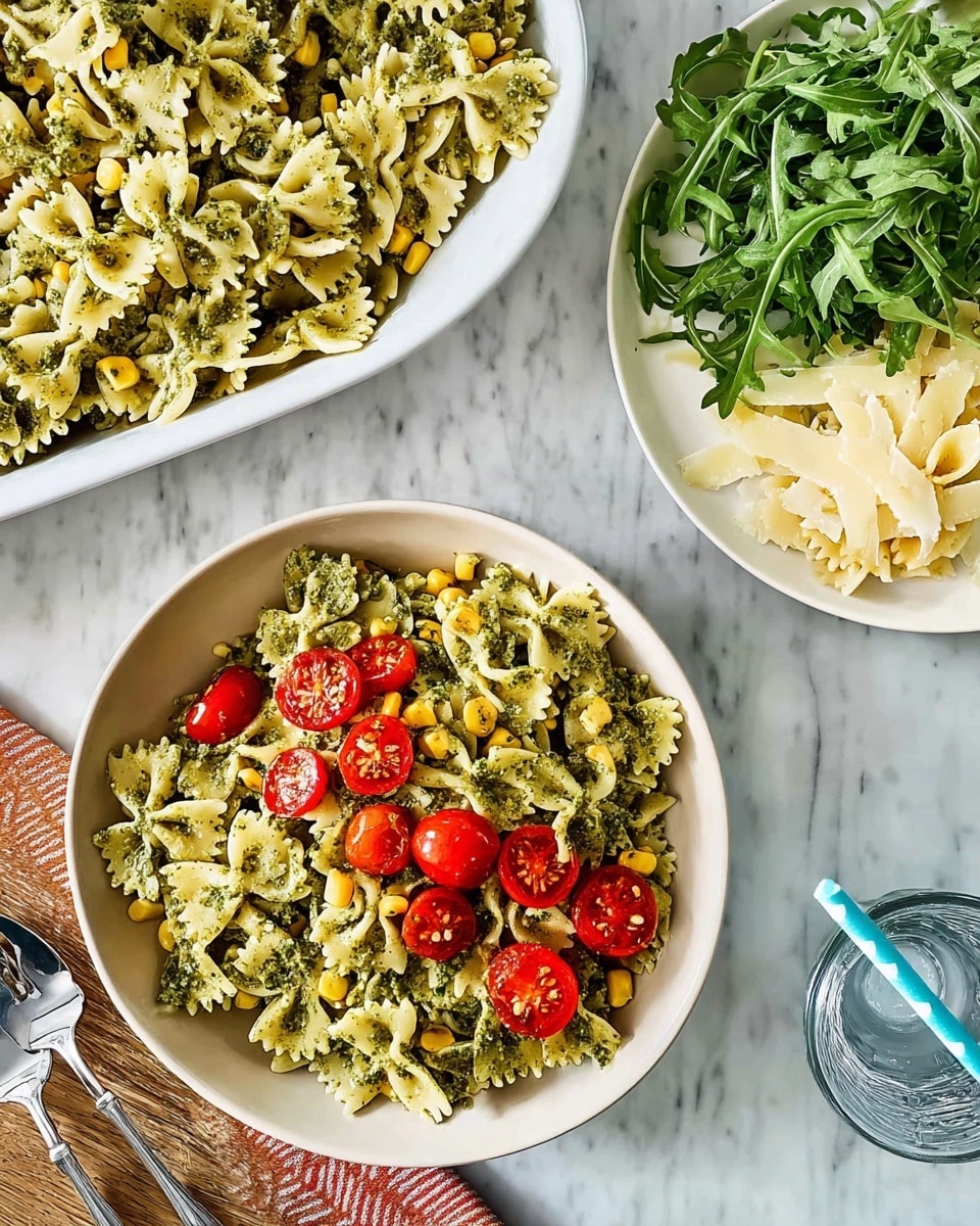 A white round plate filled with three layers: the bottom layer is green bow-tie pasta mixed with pesto sauce, the middle layer has scattered yellow corn kernels and small pine nuts, and the top layer is decorated with halved red cherry tomatoes. To the right, a white plate holds three separate layers of ingredients: a pile of green arugula leaves at the bottom, a layer of thin white cheese shavings above that, and halved cherry tomatoes on the top side. Behind, a large tray contains a thick layer of the same green pesto bow-tie pasta, with two silver serving spoons placed over it. At the top left corner, there is a clear glass of water with a blue and white striped straw, all set on a white marbled surface. photo taken with an iphone --ar 4:5 --v 7