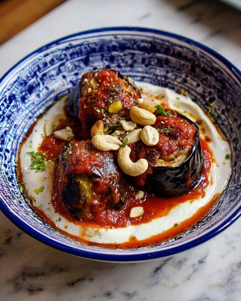 Fatteh Makdous: Lamb-Stuffed Baby Aubergines in Tomato & Tahini Sauce Recipe