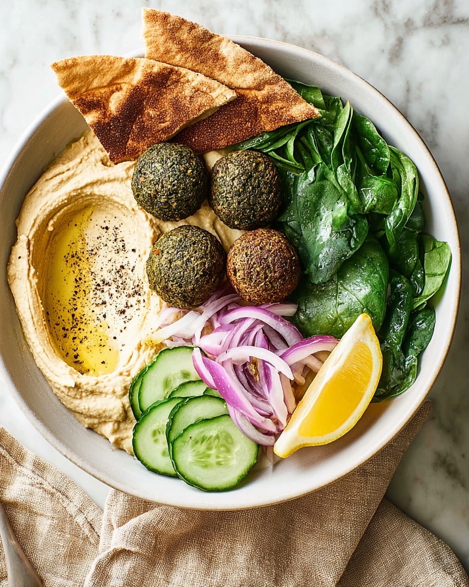 A white bowl holds a colorful falafel plate arranged in five sections: at the bottom left, creamy beige hummus is spread smoothly with a drizzle of olive oil and a sprinkle of black pepper; above it, five round, dark green falafel patties are stacked close together; next to the falafel, three light brown pita bread pieces stand upright; to the right, fresh green spinach leaves and cucumber slices with black pepper are layered; near the bottom right, a lemon half and a pile of thinly sliced purple onions are placed adding bright and fresh colors. The bowl is set on a white marbled surface with a textured, pale beige cloth beside it and part of another white bowl with hummus visible at the top. photo taken with an iphone --ar 4:5 --v 7