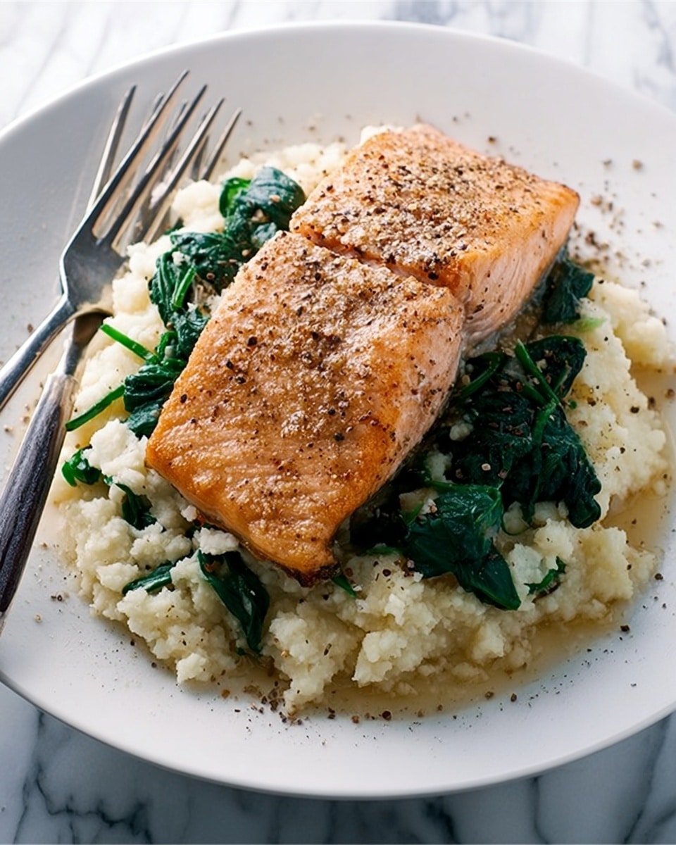 A white plate with a base layer of mashed cauliflower mixed with quinoa and wilted spinach, showing a creamy texture with bits of green spinach leaves scattered throughout. On top of this base layer rests a thick, cooked salmon fillet with a light golden-brown crust and some black pepper sprinkled on it. The dish is placed on a white marbled surface with sunlight casting soft shadows, and a fork and knife lie beside the plate. photo taken with an iphone --ar 4:5 --v 7