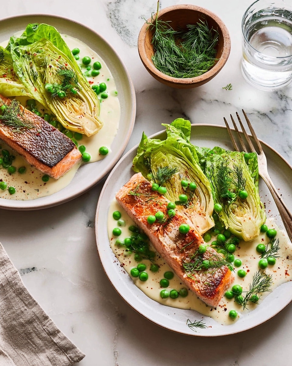Two white plates on a white marbled surface each hold a dish with three main layers: a base of creamy white sauce with green herbs, two halves of charred romaine lettuce with a glossy texture placed diagonally, and a pink grilled salmon fillet positioned above the lettuce. Bright green peas are scattered generously over the sauce, lettuce, and salmon, adding a fresh, vibrant touch. Small sprigs of dill garnish the plates, and a silver fork rests on the upper plate close to the salmon. Nearby, a small wooden bowl contains fresh dill, and a glass of water is visible in the background. photo taken with an iphone --ar 4:5 --v 7